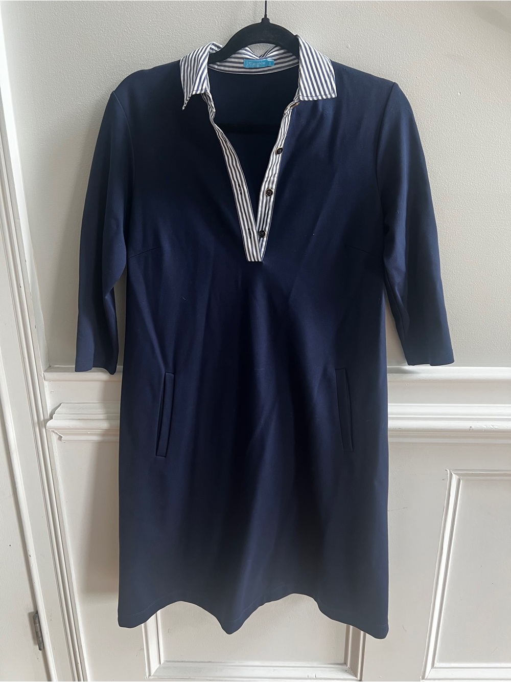 J.McLaughlin Navy Blue Dress S Striped Collar 3/4 Sleeve Pockets